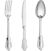 N9R 300PCS Silver Plastic Silverware, Heavy Duty Plastic Cutlery for Parties, Fancy Disposable Flatware Set Includes 100 Forks, 100 Spoons, and 100 Knives, Perfect for Weddings, Dinners, Picnics