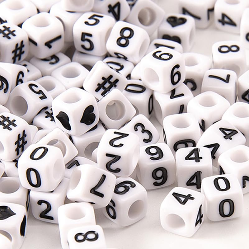 HERZWILD Approx. 800 Number Beads 0-9, Round Craft Beads for Jewellery Crafts (6 x 6 mm White Black)