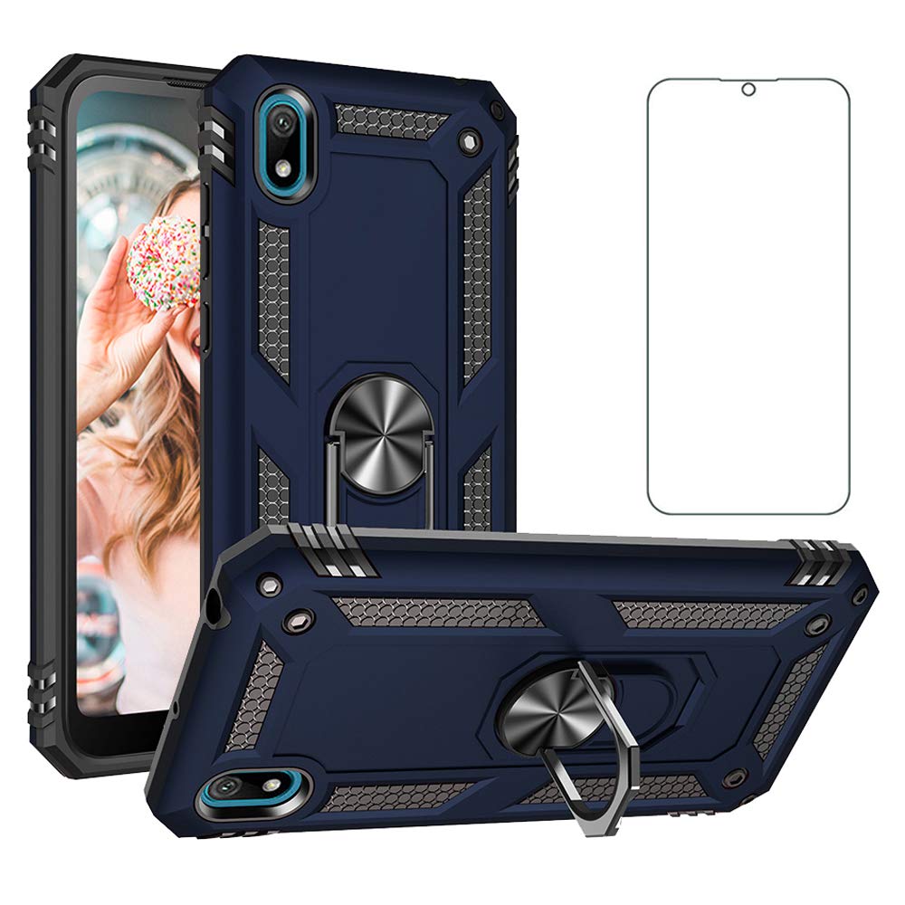 Phone Case for Huawei Honor 8s/Y5 2019 with Tempered Glass Screen Protector Stand Ring Holder Shockproof Silicone Heavy Duty Accessories Magnetic Metal Hard Hawaii Hwauei Honor8s Y 5 8 S Girls Blue
