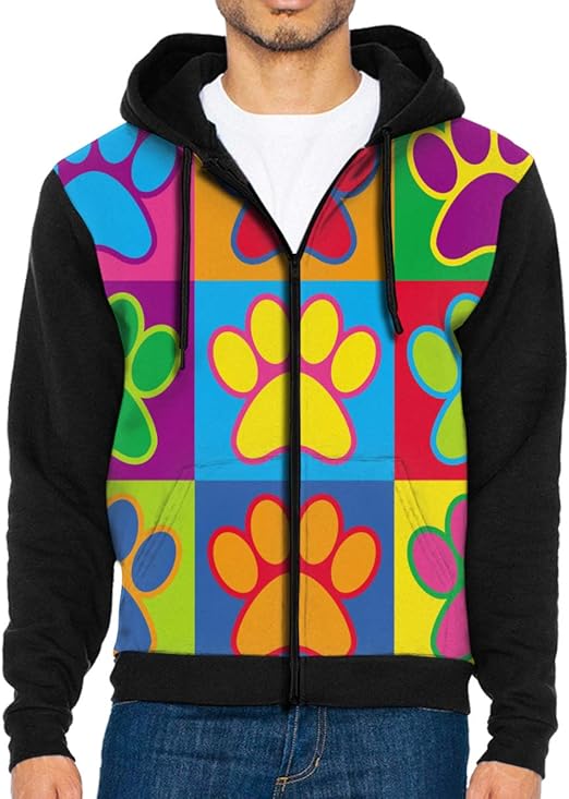Animal Paw Prints Zipper Hoodies Men Sweatshirts Pocket