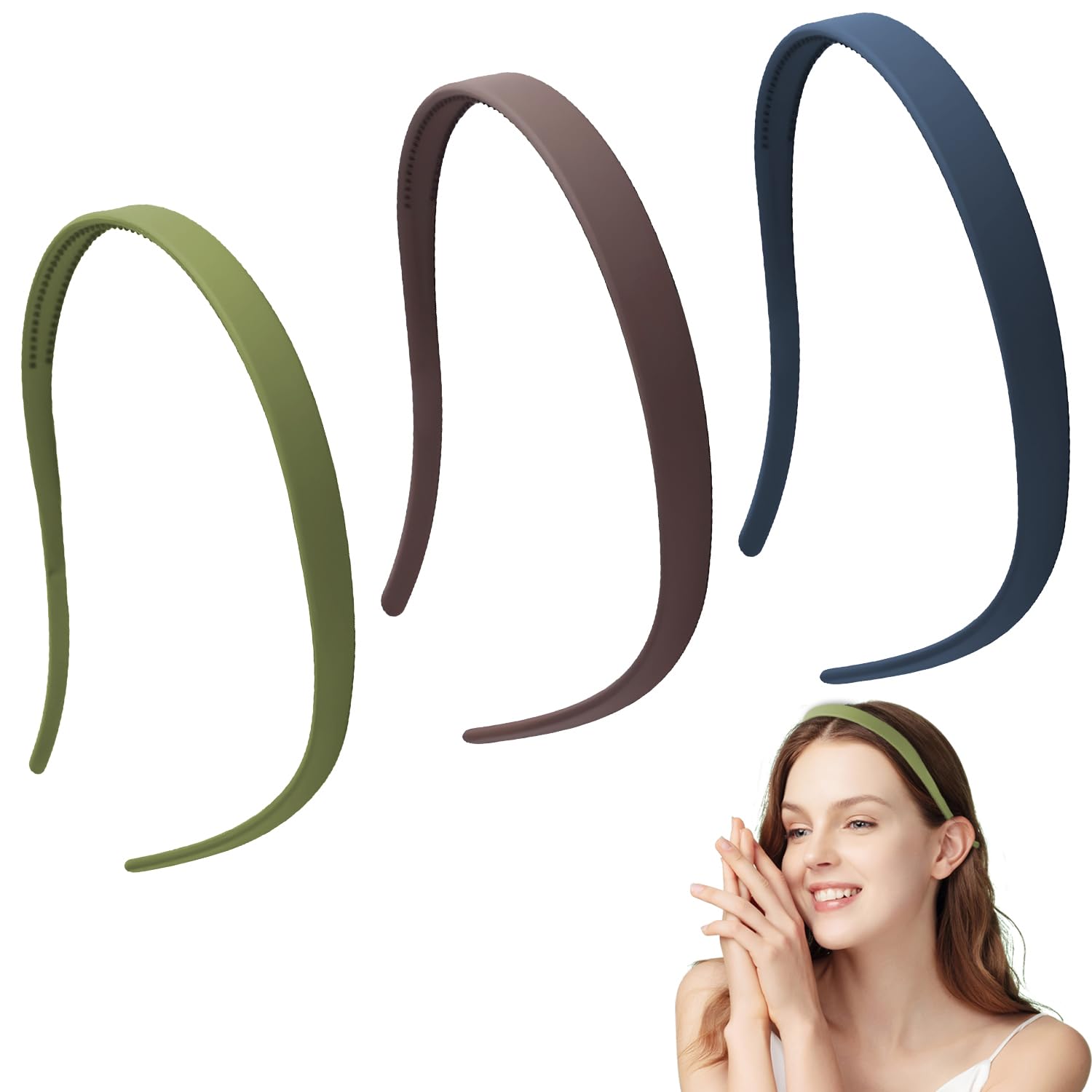 Women's Hairband, Pack Of 3 Hairbands With Clips Hair Bands For Glasses Thin Hairbands For Women Heavyless Women's Headband Simple Frosted Headband For Women Girls(Dark Blue + Dark Brown + Green)