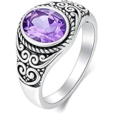 DOTOUJOUR Natural Amethyst Vintage S925 Sterling Silver Rings for Women Retro Style Gemstone Birthstone Statement Ring Jewelry for Mom Girlfriend Her