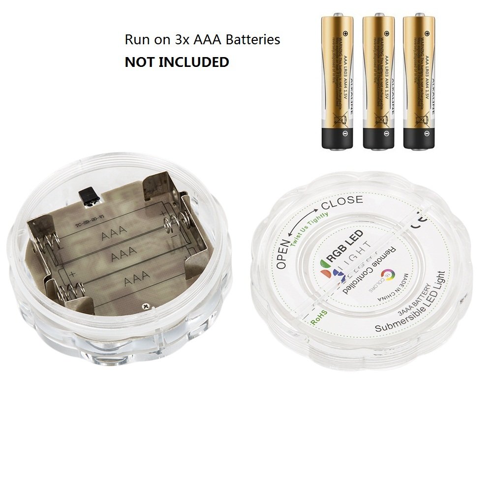 LUXJET RGB Submersible LED Lights Underwater Decor Lighting Color Changing for Aquarium, Pond, Fish Tank, Birdbath, IR Remote Control, Battery Operate, 2 Pack