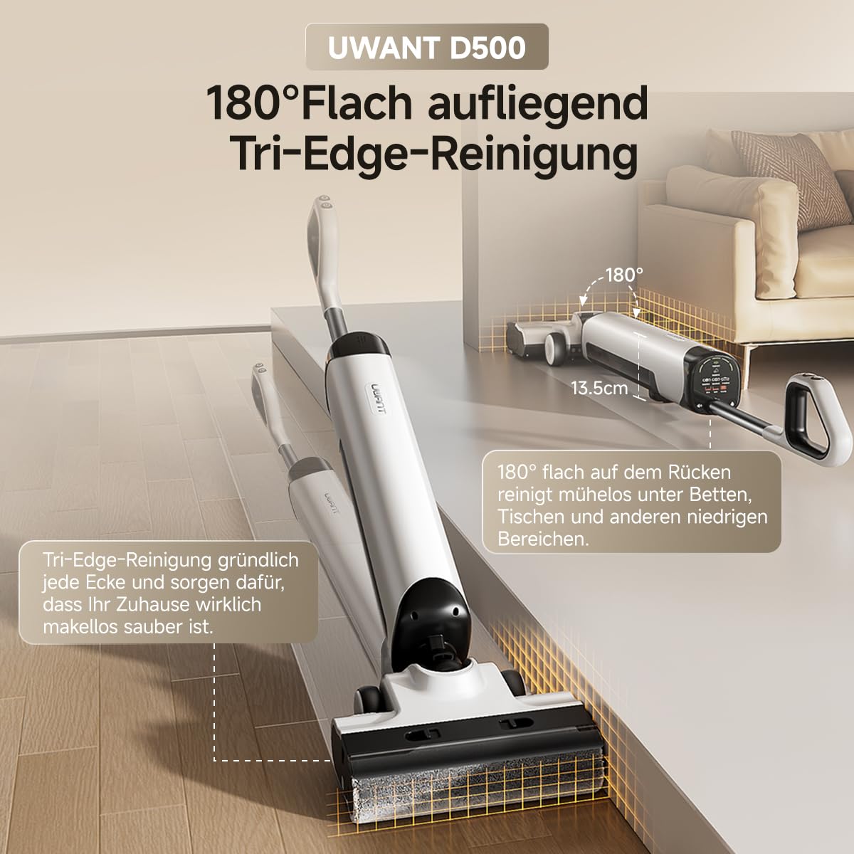 uwant D500 Nass Trockensauger,Abwassertanks-Desodorierung,180° Lay-Flat Saugwischer,17,000 Pa Saugkraft,65°C Leise Heißtrocknung,Selbstreinigend,Verwicklungsfreies Design,IPX6 wasserdichte Bodenbürste 3