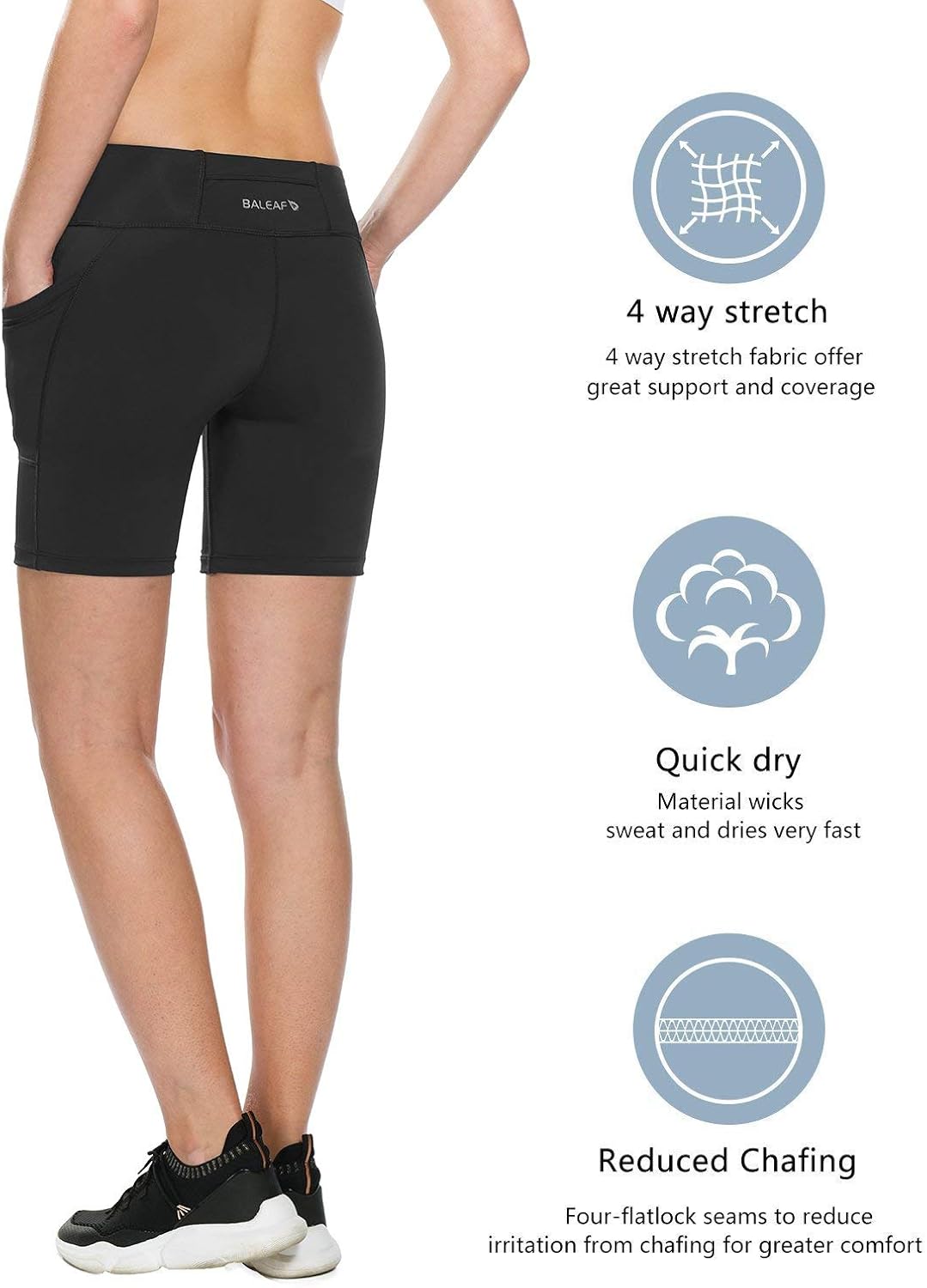 BALEAF Women's 7 Inches Long Compression Running Yoga Spandex Shorts Workout Back Pockets : Clothing