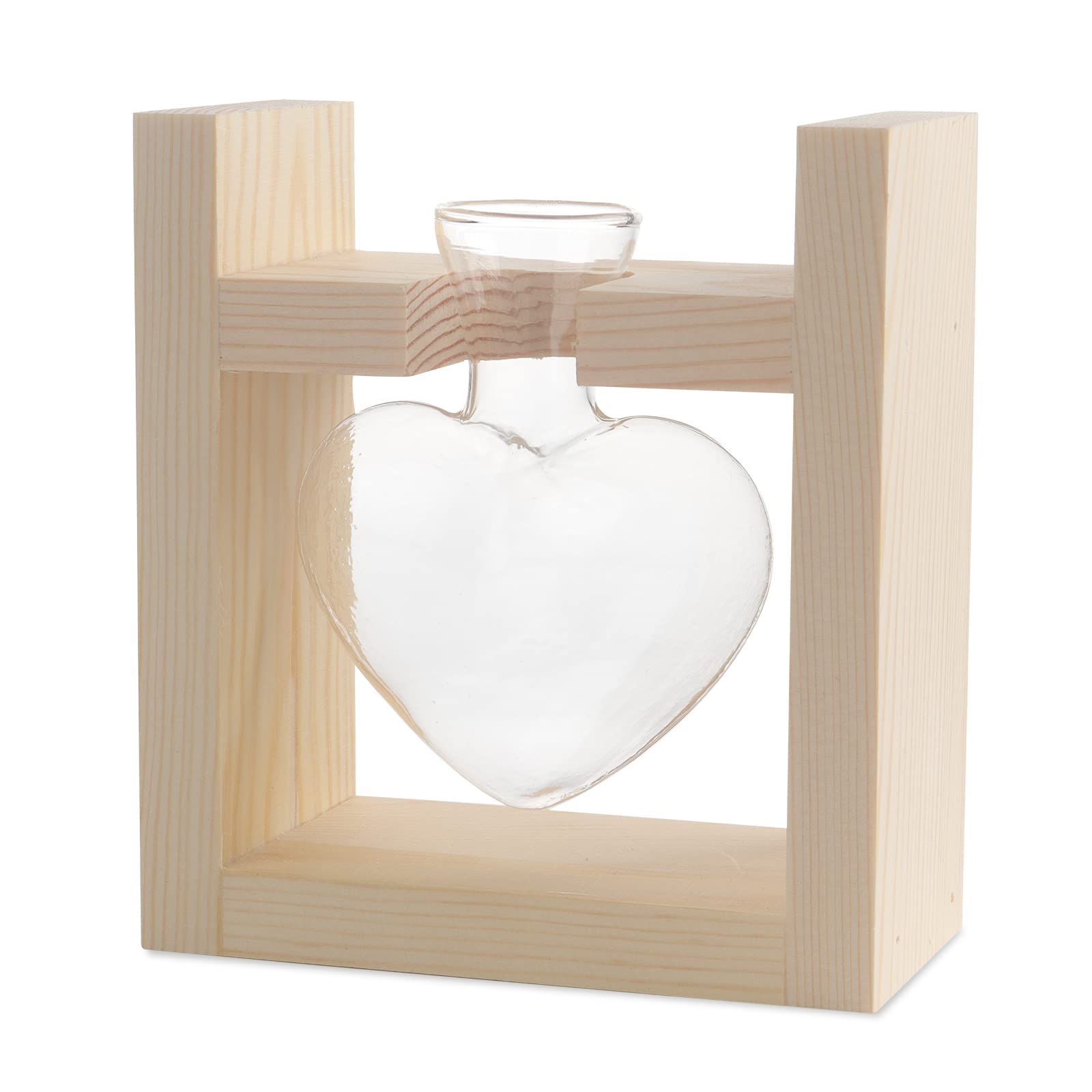Heart shaped table top clear glass vase, light bulb glass vase with solid wood stand hydroponic plant propagation station for garden, office, coffee table, wedding decoration terrarium