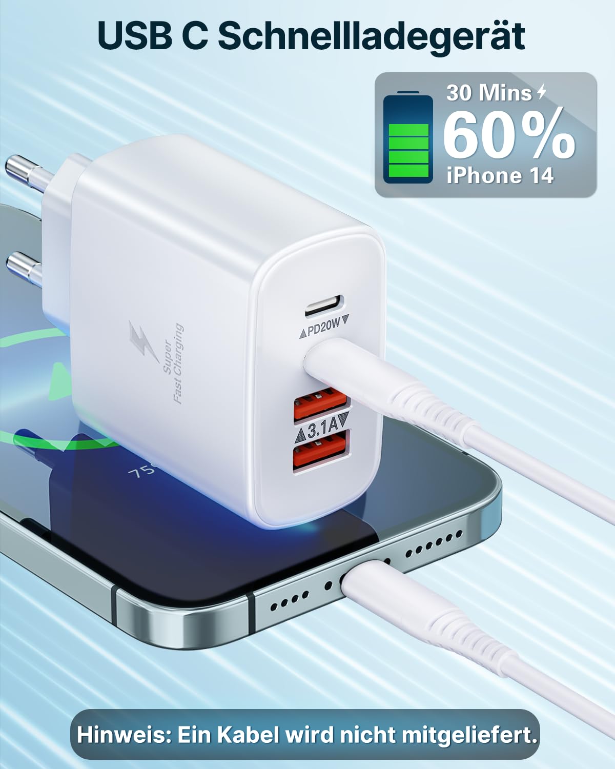 USB C Stecker, 40W 4-Port Netzteil USB C Ladegerät Mehrfach mit PD + QC, Adapter USB-C Fast Charger Ladestecker USB Schnellladegerät für iPhone 17 16 15 14 13 12 11 Pro Max, iPad, Samsung 2