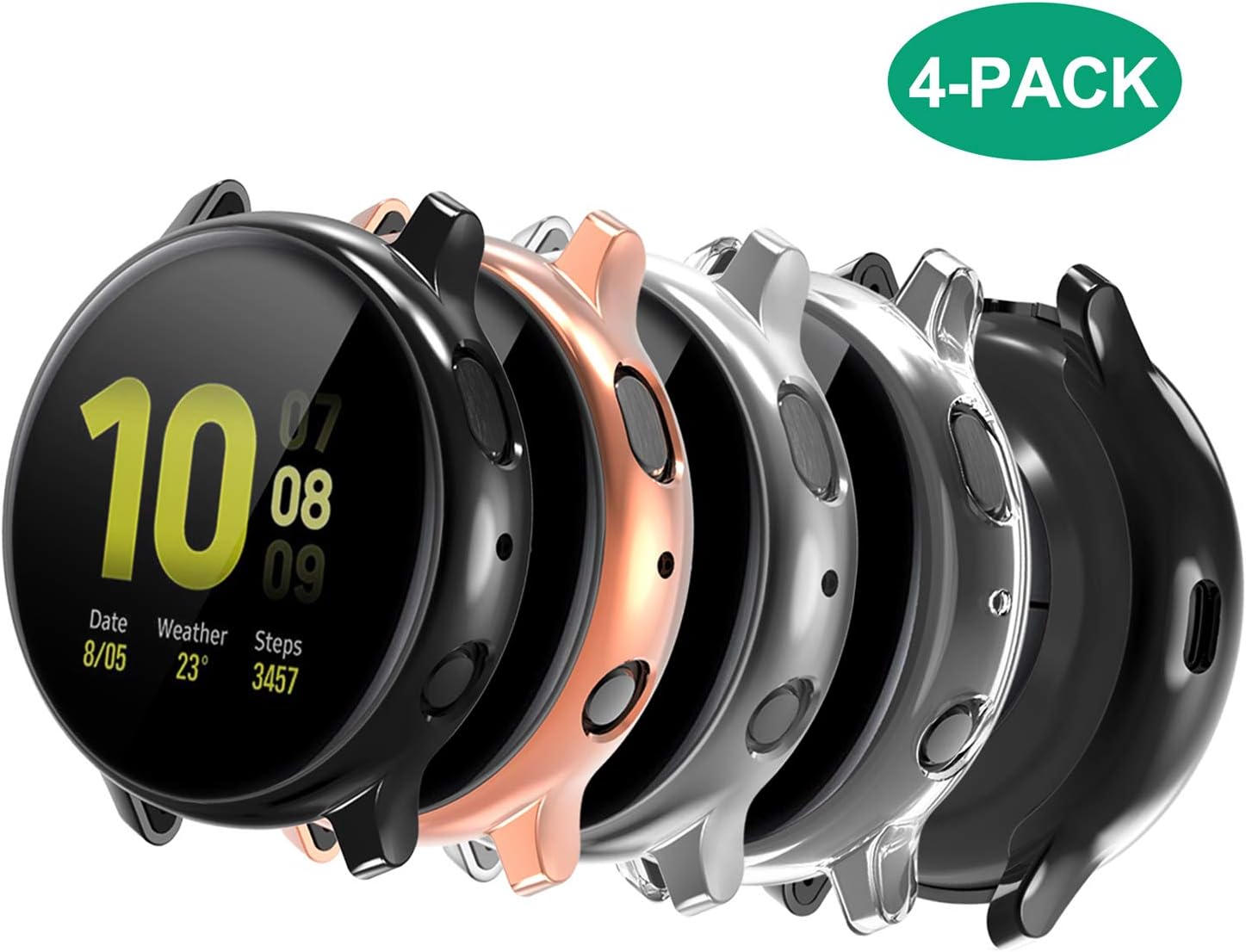 Screen Protector Compatible with Samsung Galaxy Watch Active 2(44mm), All-Around Screen Protective Case Saver Slim Soft TPU Plated Case for Galaxy Watch Active 2 (4-Pack, Clear+Black+Rose+Silver)