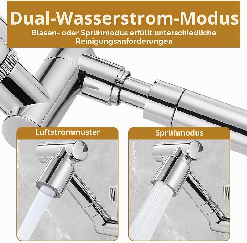 Drehbarer Wasserhahn Aufsatz, 1440 Grad Drehbarer Multifunktionaler Wasserhahn Verlängerungshahn, Wasserhahnaufsatz mit 2 Einstellbarer Adapter, Wasserhahnverlängerung für Bad und Küche — Foto 5 von 7