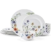 Mikasa Audrina Water Color Flowers Bone China Lightweight Chip Resistant 12 Piece Dinnerware Set, Service for 4, White