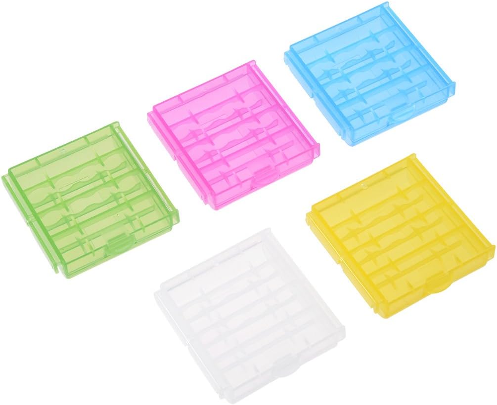 sourcing map 5pcs AAA/AA 4 Cell Power Supply Holder Portable Power Supply Storage Case Protective Container Rose-red/Clear/Green/Blue/Yellow
