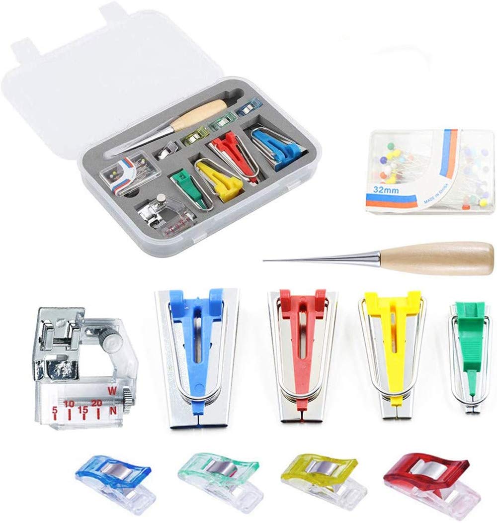 KIPETTO Bias Tape Maker Kit Tape Binding Presser Craft Clips Bias Binder Foot Awl Ball Pins for DIY Sewing Crafting Quilting