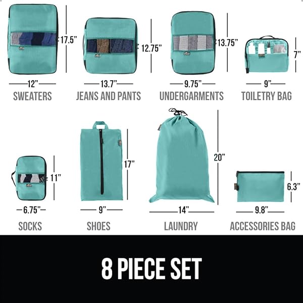 GORILLA GRIP 8 SET PACKING CUBES, TRAVEL ESSENTIALS FOR SUITCASE, MESH ORGANIZER BAGS FOR CLOTHES TOILETRIES SHOES LAUNDRY, LUGGAGE AND CARRY ON AIRPLANE ACCESSORIES, TRAVELING MUST HAVES TURQUOISE