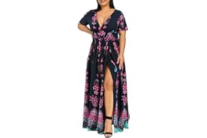 GENERIC Plus Size Dresses for Curvy Women 2024 Summer Wrap V Neck Maxi Dress Elegant Side Split Floral Dress Short Sleeve Boho Dress