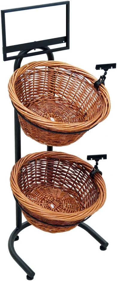 Mobile Merchandisers K1430-2B-MB 2-Tier 2 Round Willow Basket Display with Sign Frame and Sign Clips