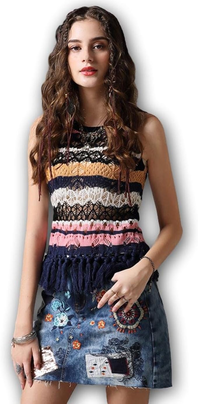 ジズル Zizzle レディース ボーダー フリンジ タンクトップ ボヘミアン ファッション 向け キャミソール タンクトップ 通販 Amazon