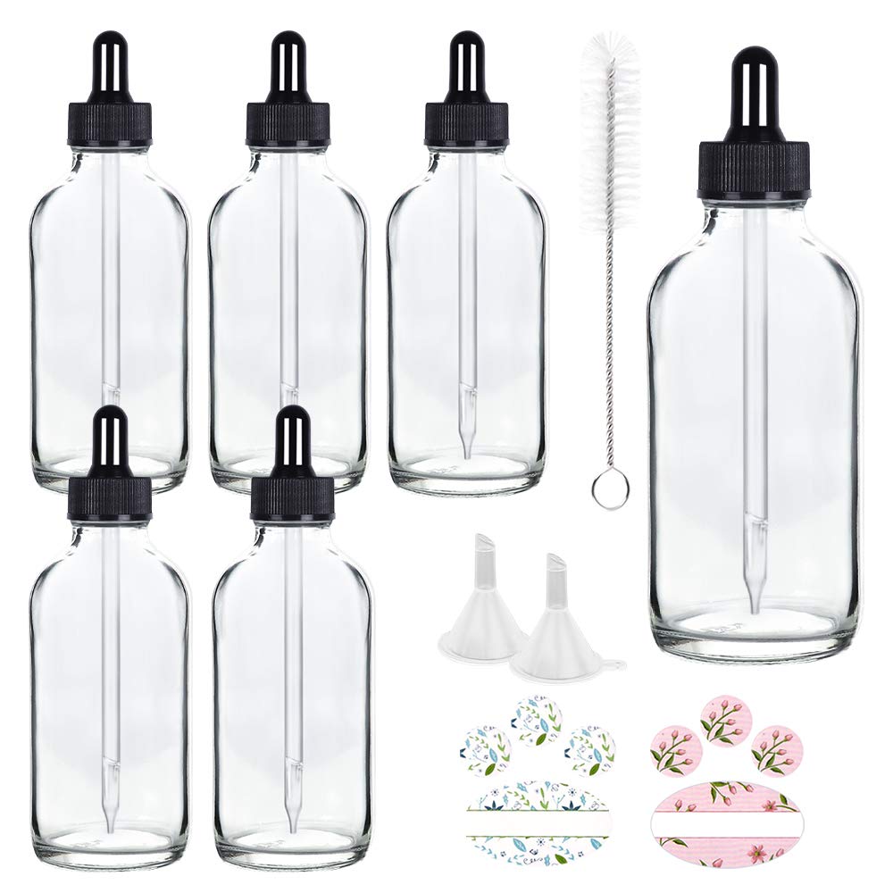 CycleMore 4oz 120ml 6 Pack Clear Glass Boston Bottles with Glass Eye Droppers, Glass Dropper Bottles for Essential Oils & Lab Chemicals & More Liquids (1 Brush, 2 Funnels and 12 Labels Included): Industrial & Scientific