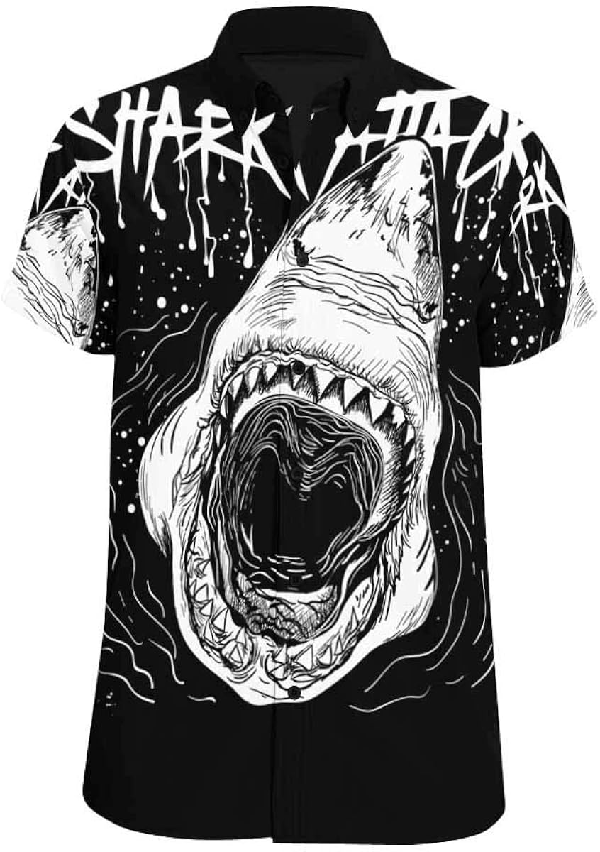 INTERESTPRINT Cool Shark Attack Shirt Short Sleeve Button Down Casual Beach Party Tops for Men