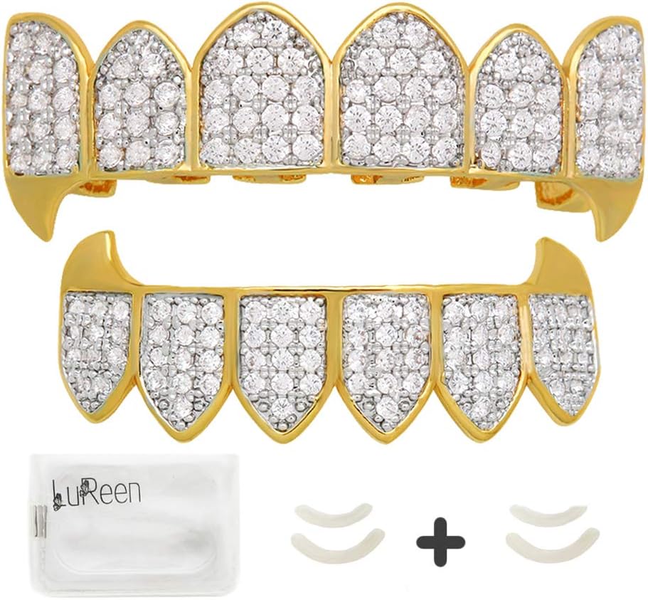 Diamond Teeth Grillz Gold Vampire Fangs CZ Grillz for Men Women Top Bottom Grillz + 2 Extra Molding Bar