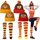 LUKBERA 4 Pcs Thanksgiving Turkey Trot Costume, 2 Pcs Turkey Beanie Hat & Socks, Pom Pom Fall Knitted Cap Running Socks for Men Women Autumn Fall Cosplay