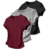 RoseSeek Women's 3 Packs Basic T Shirts Short Sleeve Crewneck Ruched Tops Fitted Casual Summer Top Tees