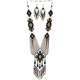 Weavish Long Beaded Necklace – Boho Native Handmade Seed Bead Tassel Necklace, Bohemian Large Statement Beaded Necklace for Women