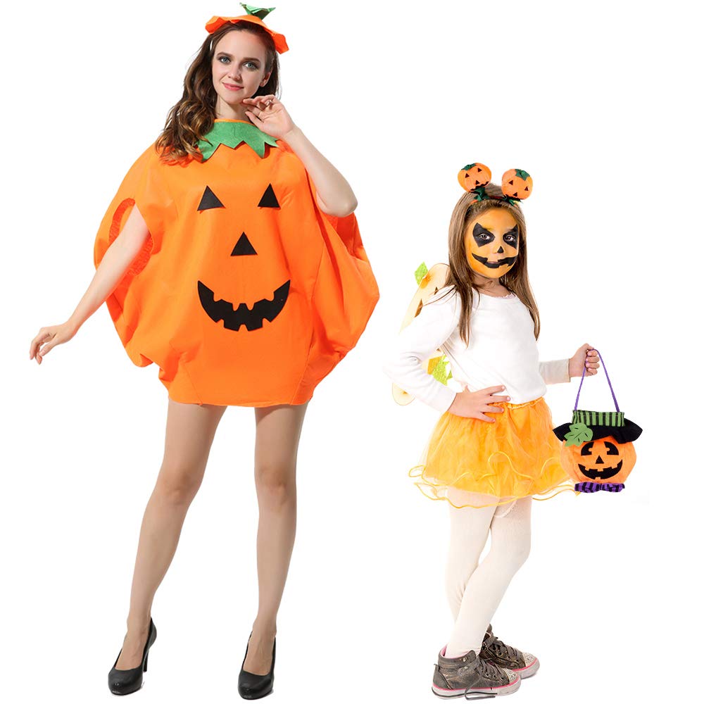 FEPITO 4Pcs Unisex Adult Halloween Pumpkin Costume Funny Halloween Costumes Orange Pumpkin Cosplay Party Clothe