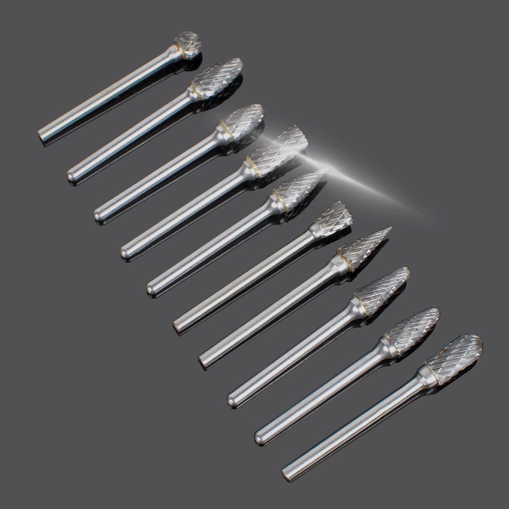 Ovovo 10 pcs Double Cut Tungsten Carbide Rotary Burr SET 1/8（3mm）for Grinder Drill DIY Wood Metal Carving Engraving Drilling