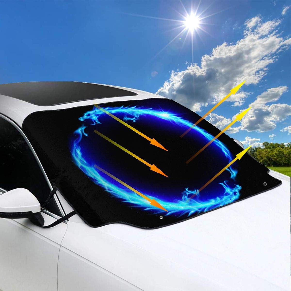 Amazon 車用 サンシェード 車フロント 竜の青い炎 車のフロントガラス 日よけ 遮光 断熱 日焼け防止 四季用 防紫外線 落葉対策 車内温度対策 防水材料 サンシェード 車 バイク