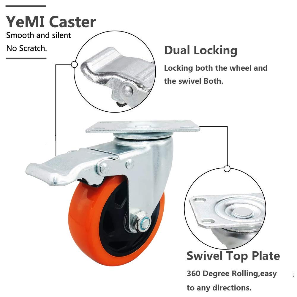 YeMI 5 Inch Plate Swivel Caster Wheels with Brake, Heavy Duty Rubber Castors with Plate for Furniture, Workbench, Cart, Trolley-2200 Lbs Work Load Orange (5''Silver with Brake): Industrial & Scientific