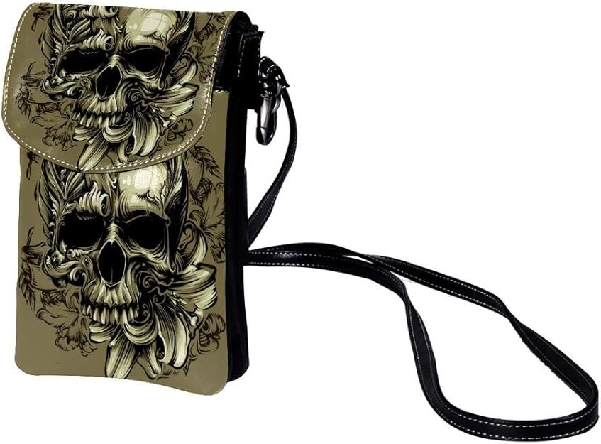 Cell Phone Purse Crossbody Gray Skull Art Mini Shoulder Bag Leather