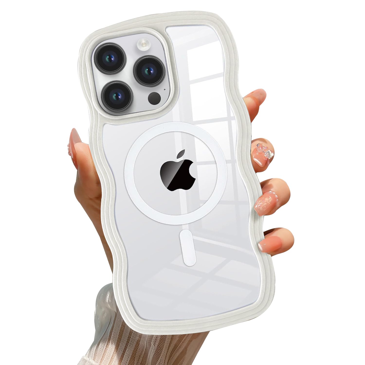QLTYPRI Magnetic for iPhone 14 Pro Max Case Compatible with Magsafe, Cute Curly Wave Frame Clear Case for Girls Women, Transparent TPU Bumper Shockproof Phone Case Cover for iPhone 14 Pro Max-White — image 1