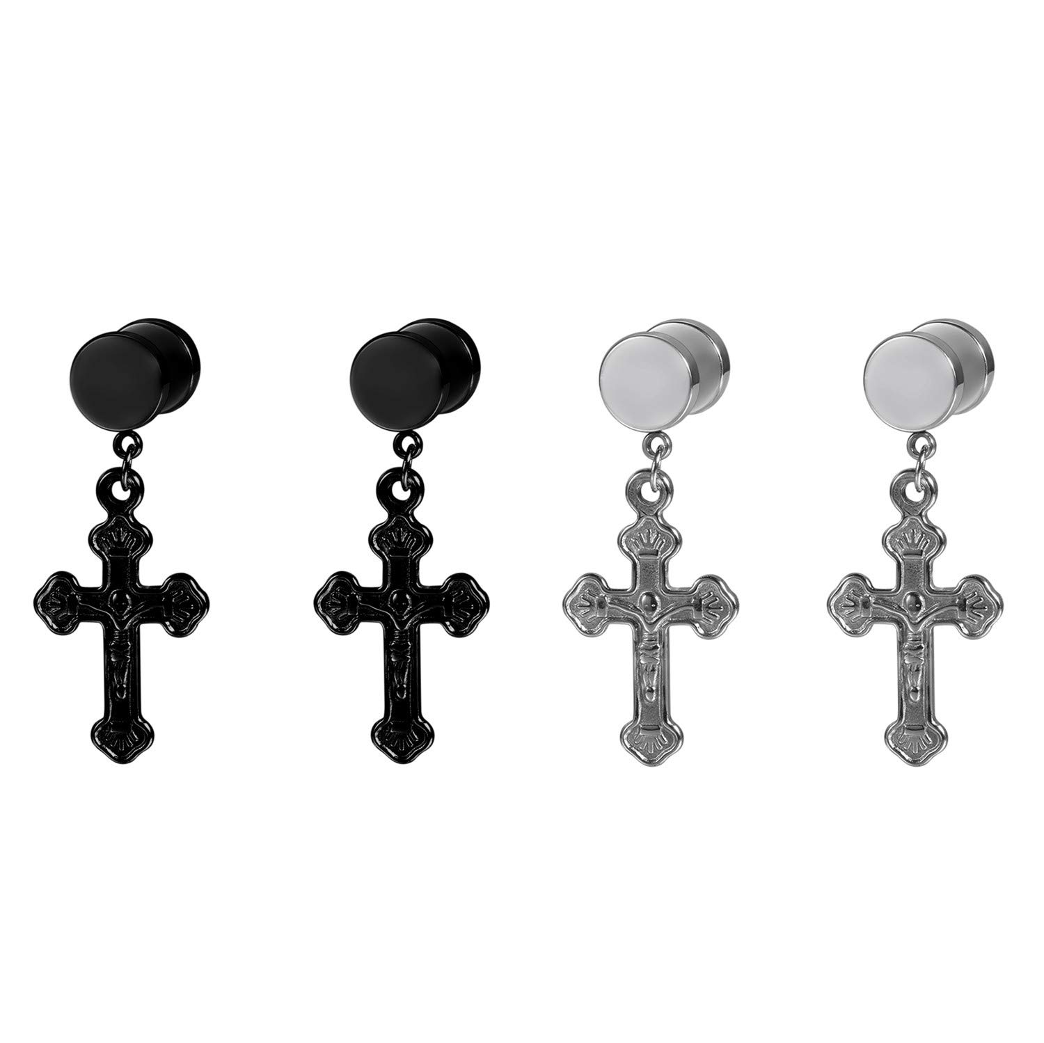 JewelryWe Mens Cross Dangling Earrings: 2Pairs Stainless Steel Jesus Cross Drop Dangly Screw Stud Earrings for Men Women