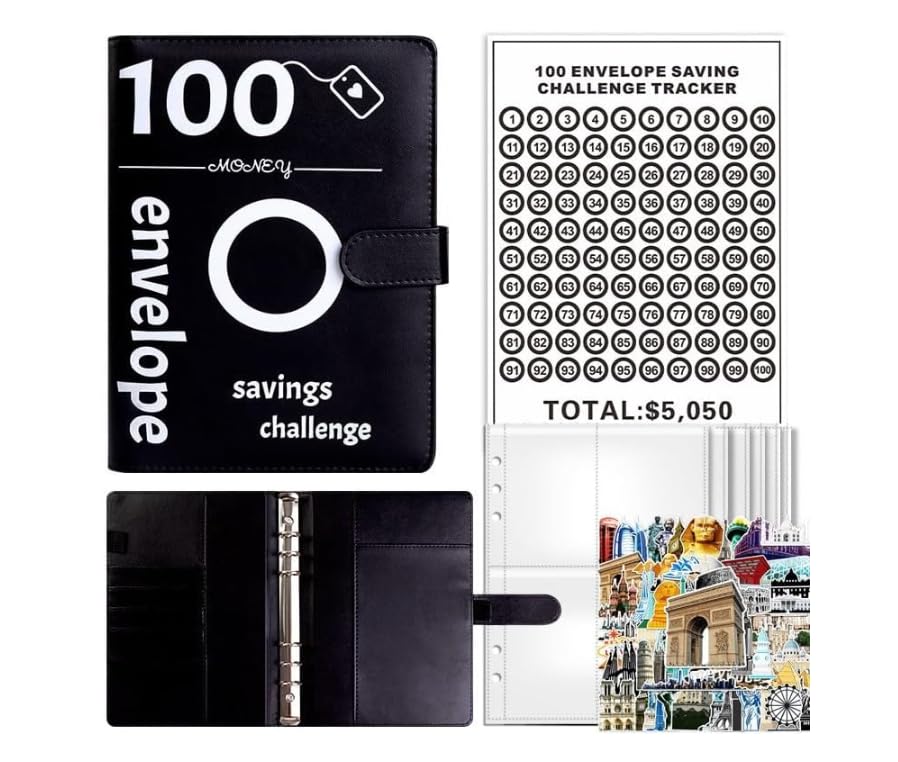 100 Envelopes Saving Challenge,Savings Book with Cash Envelopes Fun Budget Challenges for Money Easy Budget Binder Organizer for Couples Offices Home School (Black, Travel)