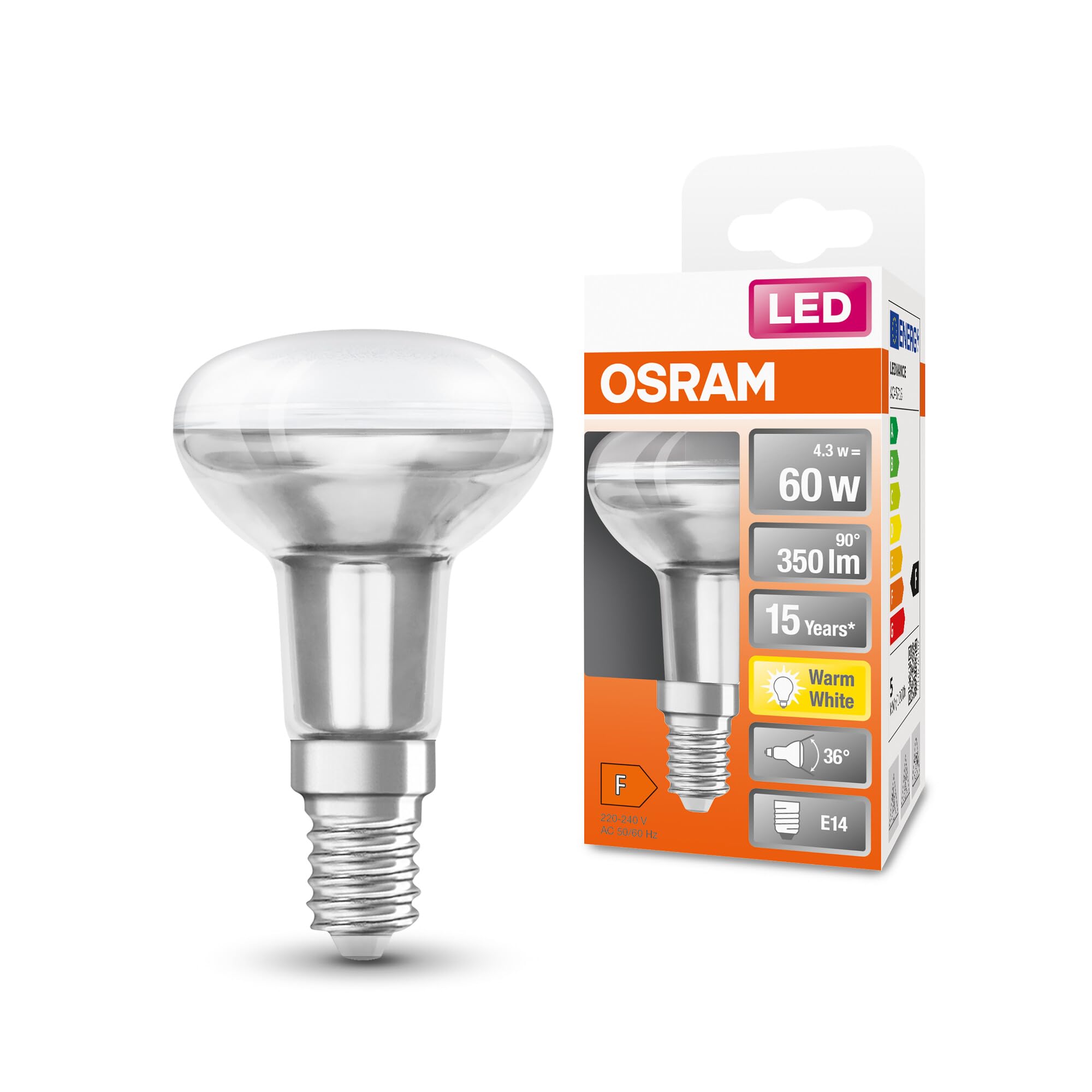 OSRAM Led Star R50 Led Lamp for E14 Socket, Reflector Lamp, Glass Design, 350 Lumens, Warm White (2700K), Replacement for Conventional 60W Light Bulbs, Not Dimmable, 1-Pack