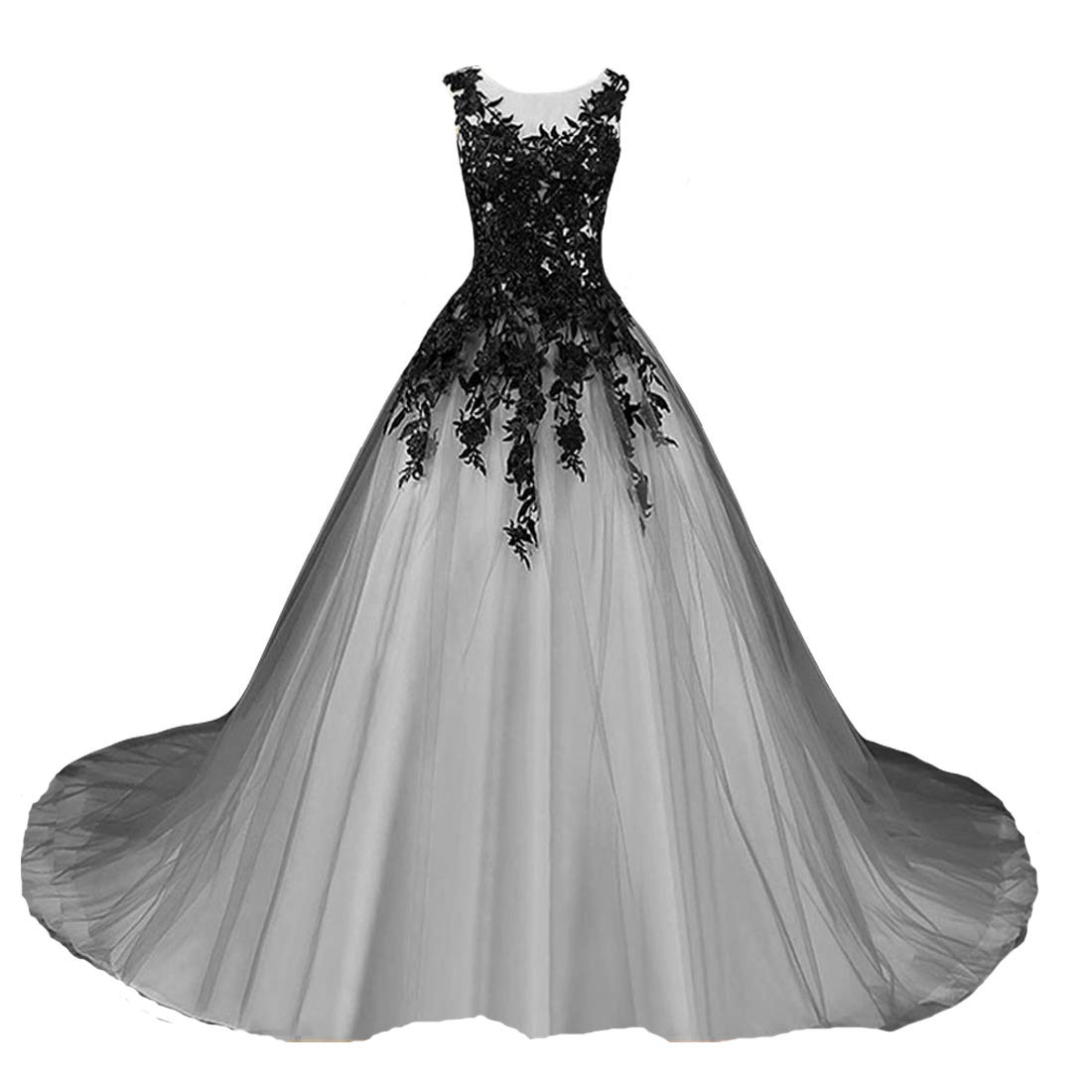 Gothic-Gray-Tulle-Long-Black-Lace-Sheer-Bateau-Prom-Wedding-Dresses-Plus-Size-Silver-US-18W
