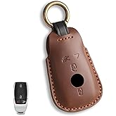 Rulansda for Mercedes Key fob cover. compatible with Benz E-Class, C-Class, S-Class, GLE-Class, GLS-Class, CLS-Class, CLA-Class, AMG 4 Button Smart Leather Car Key Protector Key Case Fob Chain / Brown