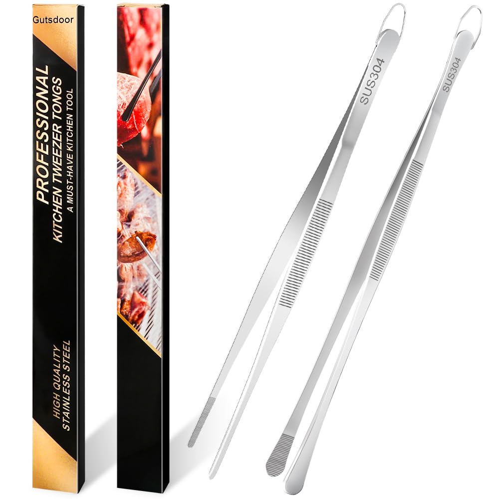 Gutsdoor 2 Pieces Kitchen Tweezer Tongs, 12-Inch Stainless Steel Cooking Tweezers Tongs for Cooking, Plating, BBQ, Pasta