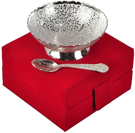 JAIPUR ACE Brass Bowl Set with Spoon (Silver_15.24 x 7.62 x 15.24 Cm)