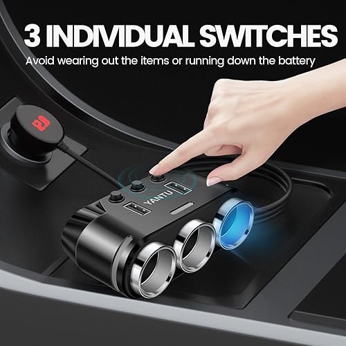 yantu cigarette lighter adapter YANTU Cigarette Lighter Adapter & Splitter with 150W 3-Sockets & LED  Ambient Lighting, Dual USB Fast Charging Car Outlet 12V, Car Cigarette  Lighter Socket Plug Extension for Vehicles in Dubai