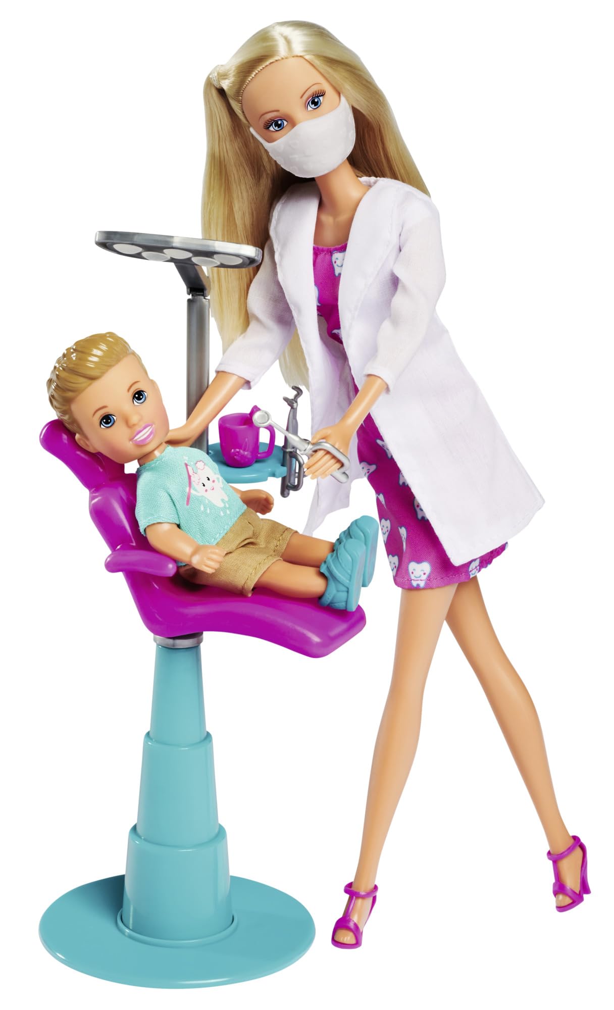 Simba 105733514 - Steffi Love Dentist, Doll as Dentist and Timmy as Patient, with Chair and Dental Accessories, 12 cm, 29 cm, for Children from 3 Years
