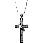 Fervent Men's Stainless Steel Chain [Lord's Prayer Necklace] Cross & Ring Halo - Black Pendant - Christmas Gift