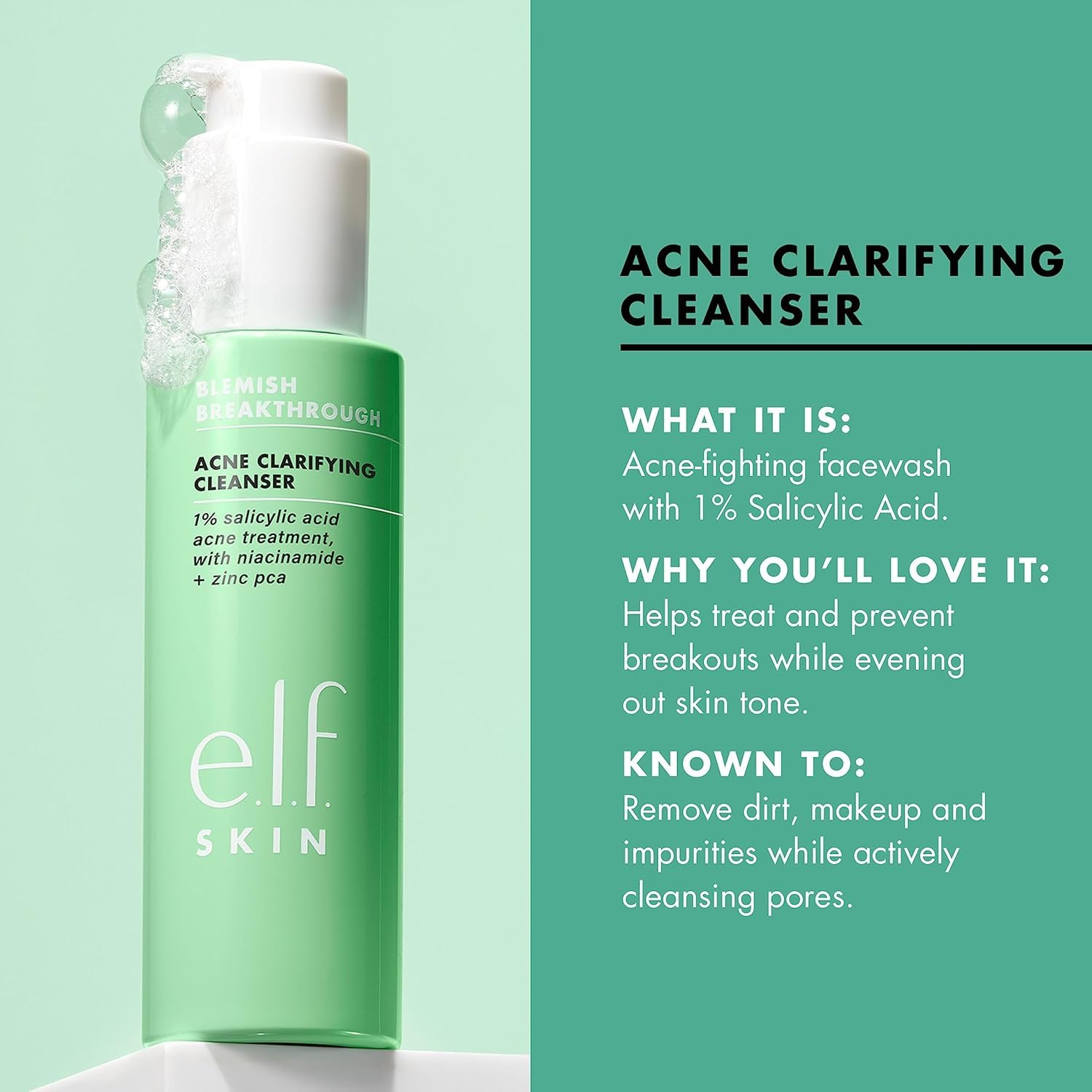 e.l.f. SKIN Blemish Breakthrough Clarifying Cleanser, Gel Cleanser For Removing Makeup, Controlling Oil & Clarifying Pores, 1% Salicylic Acid
