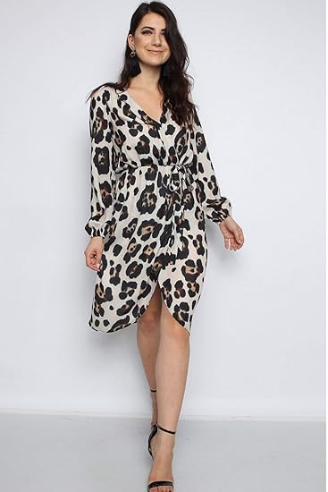 Leopard Midi Dress  Front Wrap Detail Long Sleeve Midi