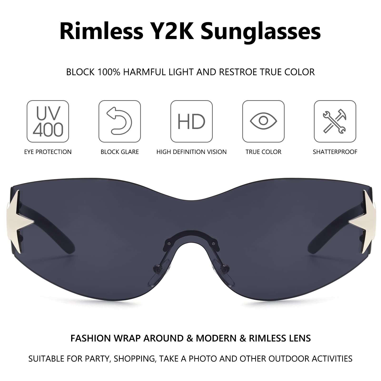 Rimless Y2K Sunglasses for Women Men Wrap Around Fashion Sunglasses Oversized Frameless Trendy Sun Glasses