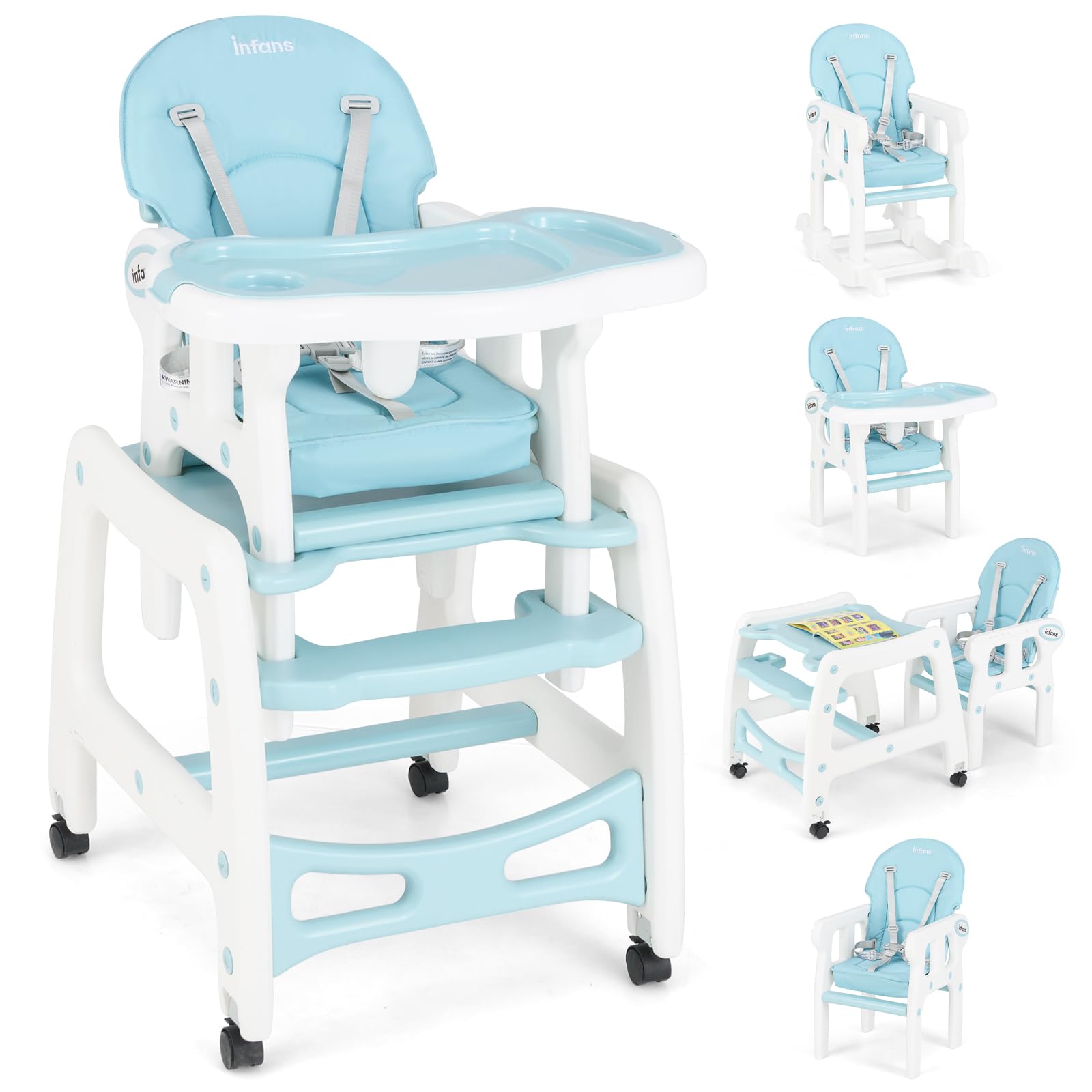 INFANS 5 in 1 Baby High Chair, Convertible Toddler Table Chair Set, Rocking Chair, Multi-Function Seat with Lockable Universal Wheels, Adjustable Seat Back, Removable Trays (Blue) Image INFANS 5 in 1 Baby High Chair, Convertible Toddler Table Chair Set, Rocking Chair, Multi-Function Seat with Lockable Universal Wheels, Adjustable Seat Back, Removable Trays (Blue) Image