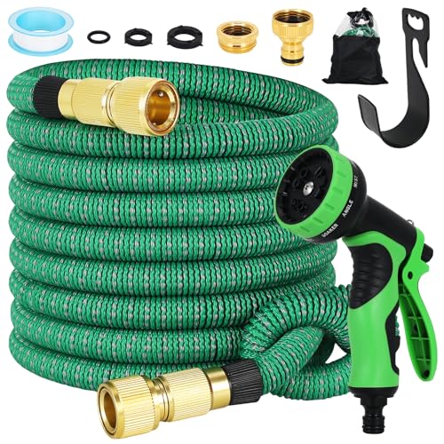 Expandable Garden Hose with 10-Pattern Spray Nozzle | 3-Layer Latex Flexible Water Hose Heavy Duty | 3/4" & 1/2" Solid Brass Connectors Leak-Proof | No-Kink Lightweight Retractable Hose (100FT/30M)