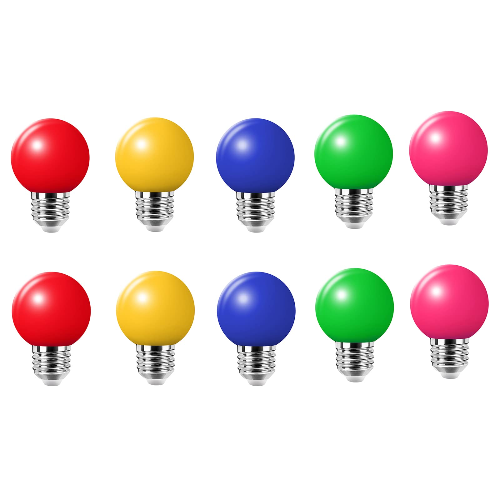 Jiotouhu 10 Pack Coloured e27 led Coloured Light Bulb 2W, Non-dimmable, Plastic Cover, Multicoloured Bulbs for Outdoor Indoor String Wedding Party Bar Mood Ambiance Decor (Red Yellow Blue Green Pink)