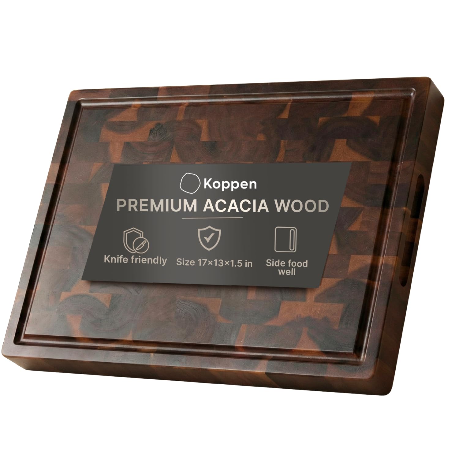 Photo 1 of Koppen Acacia Wood End Grain Cutting Board, Knife-Friendly Butcher Block with Juice Groove, Inner Handles & Food Well, Reversible Heavy Duty Serving & Chopping Board, Walnut Color, Size 17x13x1.5 in