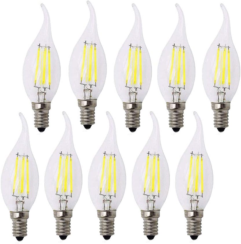 BANGSHUO Pack 10 E14 Vintage Candelabra LED Bulb 4W C35 400 Lumens Cool White 6000K Chandelier Light Bulbs C35 Filament LED Candle Bulb Flame Tip No Dimmable